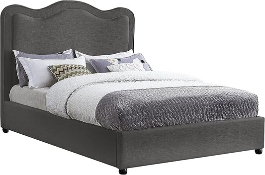 Meridian Furniture FelixGrey-F Felix Collection Modern | Contemporary Linen Textured Fabric Upholstered Bed with Curved Headboard and Espresso Wood Legs, 59.5" W x 81" D x 55.5" H, Grey, Full