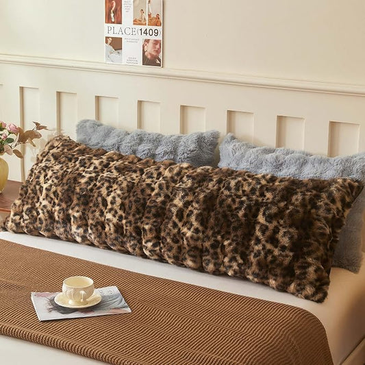 LIFEREVO Leopard Print Faux Rabbit Fur Body Pillow Cover, Cheetah Print Bubble 20 x 54 Bed Pillowcase with Zipper, Fuzzy Furry Farmhouse Long Pillow Case Pregnant Women Side Sleeper, Brown and Black