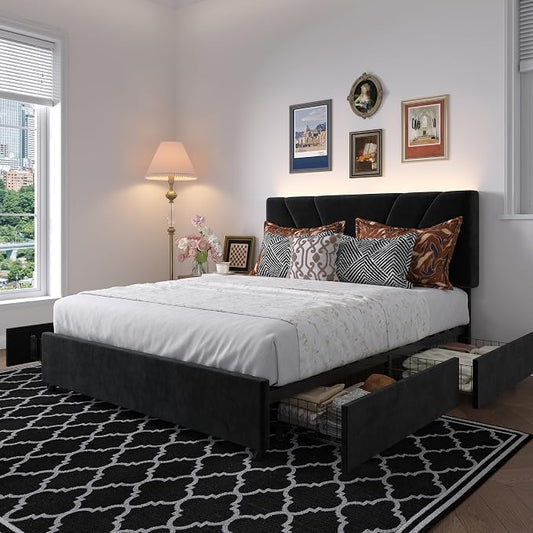 Novilla Full Size Bed Frame with Headboard, Full Size Bed Frame with Drawers, Full Bed Frame with LED Lights, Charging Station and Adjustable Headboard, No Box Spring Needed, Black Velvet
