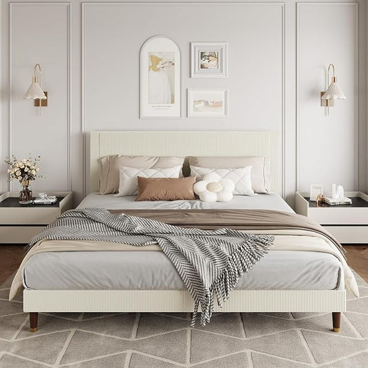 GarveeHome King Size Bed Frame with Upholstered Headboard and Strong Wooden Slats Support, Soft Corduroy Fabric Platform Bed, No Boxing Spring Needed, Easy Assembly, Beige