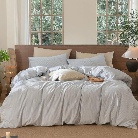 MooMee Striped Duvet Cover Set 100% Washed Cotton Linen Like Textured Breathable Durable Soft Comfy (Cornflower Blue White Pinstripes, Cal King 104"x98")