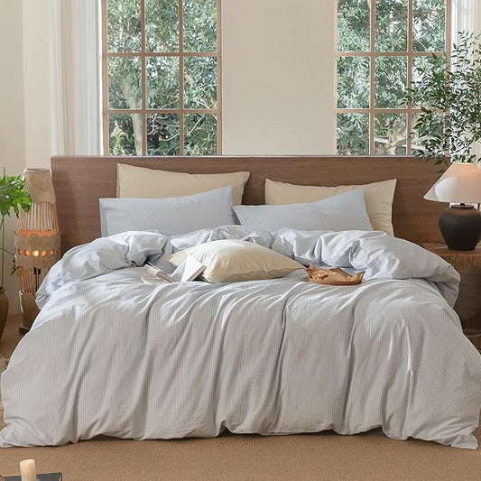 MooMee Striped Duvet Cover Set 100% Washed Cotton Linen Like Textured Breathable Durable Soft Comfy (Cornflower Blue White Pinstripes, Full 80"x90")