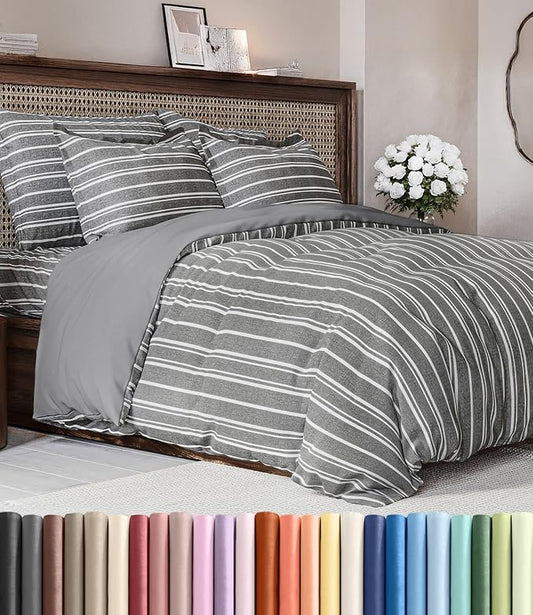 Duvet Cover King Size Set - Extra Soft King Duvet Cover 104" x 90" with 2 Pillow Shams - Hotel Luxury, Easy Care & Fade Free with Zipper Closures and Ties - Comfy, Cozy and Breathable (Grey Stripes)