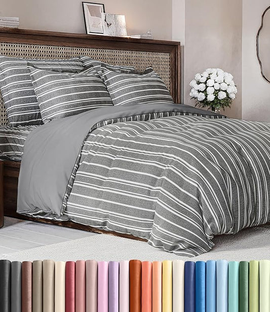 Duvet Cover Cal King Size Set - Extra Soft Cal King Duvet Cover 104" x 98" with 2 Pillow Shams - Hotel Luxury, Easy Care & Fade Free w/ Zipper Closures & Ties - Comfy, Cozy & Breathable (Grey Stripes)
