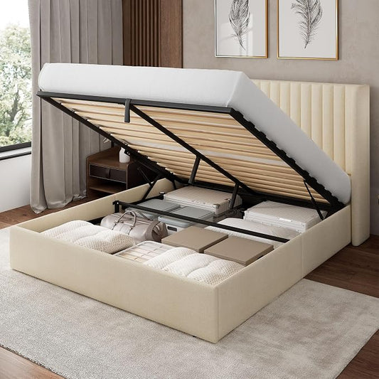 Feonase Full Size Lift Up Storage Bed Frame, Linen Upholstered Platform Bed with Wingback Headboard, Hydraulic Storage, No Box Spring Needed, Beige