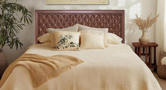 COTTON CRAFT Solid Wood Sturdy Queen Headboard - Compatible with All Bed Frames - Intricate Hand Carved - Bohemian Transitional - Beautiful for Any Bedroom - Taj - Antique Brown