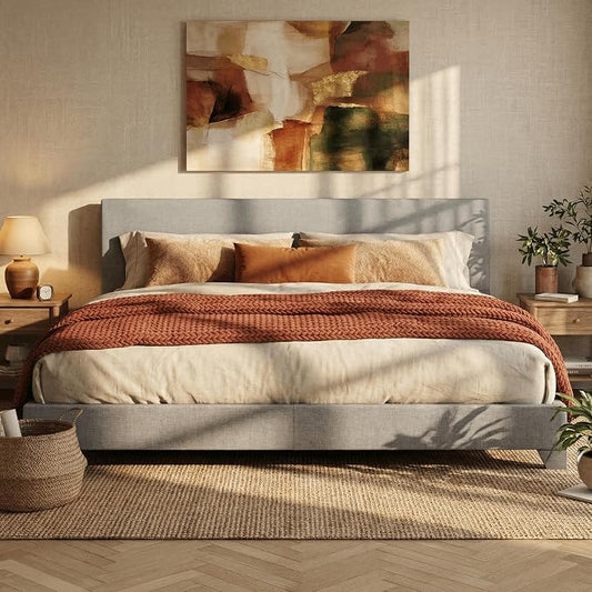 SHA CERLIN Light Grey King Platform Upholstered Bed Frame with Adjustable Headboard, Wood Slats Support, No Box Spring Needed, Easy Assembly, Easy Clean Up