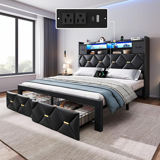 YITAHOME Full Size Bed Frame with 2 Storage Drawers and Storage Headboard, Upholstered Platform with Charging Station and LED Light, No Box Spring Needed, Noise Free, Easy Assembly, PU Leather Black