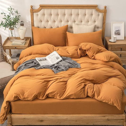 PURE ERA Jersey Knit Duvet Cover Set 100% T-Shirt Cotton Super Soft Comfy 3pc Bedding Set with Zipper Closure (Solid Burnt Orange, Full)