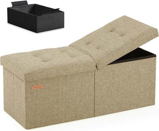 HAUSFRAU 31.5 Inches Ottoman with Storage Bench, Folding Ottoman Bench Small Foot Rest Stool, Bedroom Bench with Flipping Lid, Linen Kaki