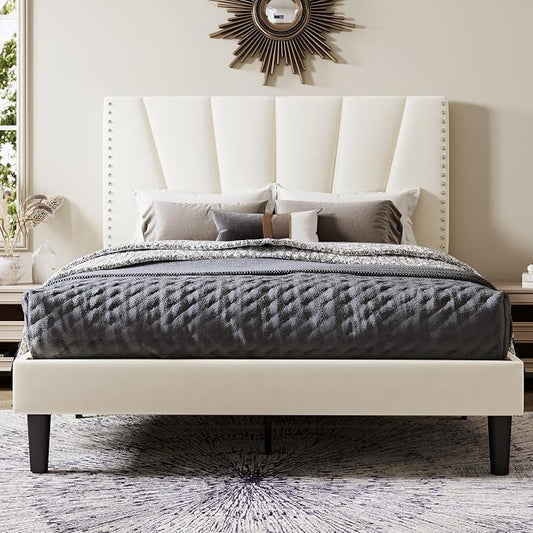 Allewie Full Size Bed Frame with Adjustable Velvet Upholstered Headboard, Rivet-Style Nailhead Trim Detail Platform Bed Frame, Wooden Slat Support, No Box Spring Needed, Easy Assembly, Cream
