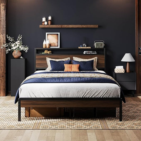 LIKIMIO Full Bed Frame with Headboard, Dark Wood Camas Full with Strong Supports, Sturdy, Noise-Free, No Box Spring Needed, Dark Walnut