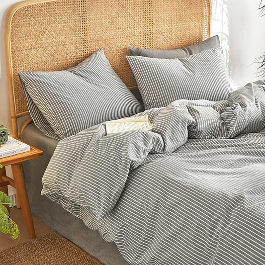 Wake In Cloud - Striped Cotton Duvet Cover Set, 100% Washed Cotton Textured Percale Bedding Set, Ticking Stripe Pinstripe Farmhouse, 3 Pieces, Grey, Twin Size