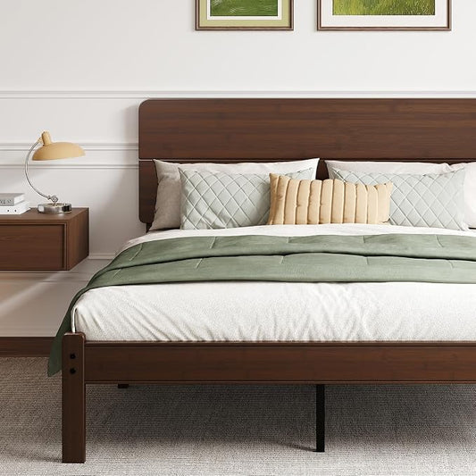 BOSRII 14in High Solid Bamboo Wood Platform Full Size Bed Frame with Headboard, Reinforced Heavy Duty Metal Slats, Noise Free, No Box Spring Needed, Easy Assembly, Walnut
