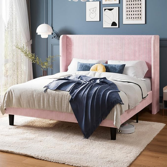 Allewie Queen Size Bed Frame with Upholstered Wingback Headboard, Vertical Channel Tufted Corduroy Velvet Platform Bed, Strong Wooden Slats Support, No Box Spring Needed, Easy Assembly, Light Pink