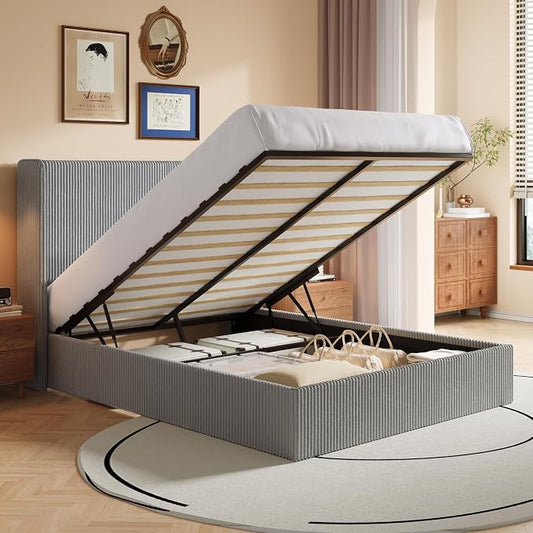 SHA CERLIN Full Size Lift Up Storage Bed Frame, Modern Upholstered Wingback Headboard, Hydraulic Support & Underneath Storage, Soft Corduroy Fabric Platform Bed, No Box Spring Needed, Light Grey