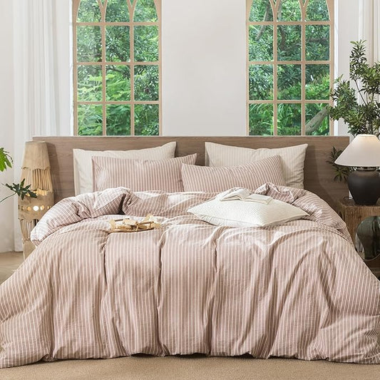 MooMee Striped Duvet Cover Set 100% Washed Cotton Linen Like Textured Breathable Durable Soft Comfy (Orange White Wide Stripes, Palatial King/Oversized King 120"x98")