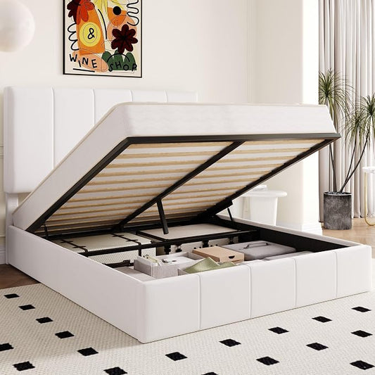 Allewie Queen Size Velvet Lift Up Storage Bed Frame, Vertical Channel Tufted Headboard, Hydrualic Underneath Storage, Upholstered Platform Bed, Wooden Slats Support, No Box Spring Needed, White
