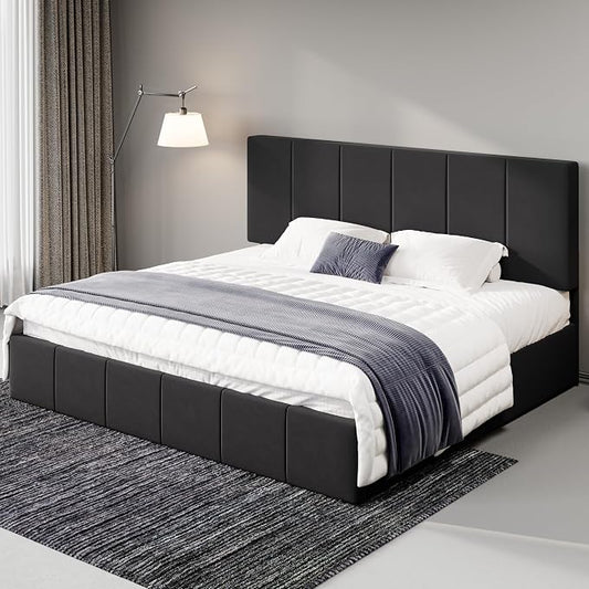 Allewie King Size Dutch Velvet Upholstered Platform Bed Frame/Vertical Channel Tufted Adjustable Headboard/Low Profile Bed Frame/No Box Spring Needed/Easy Assembly/Black