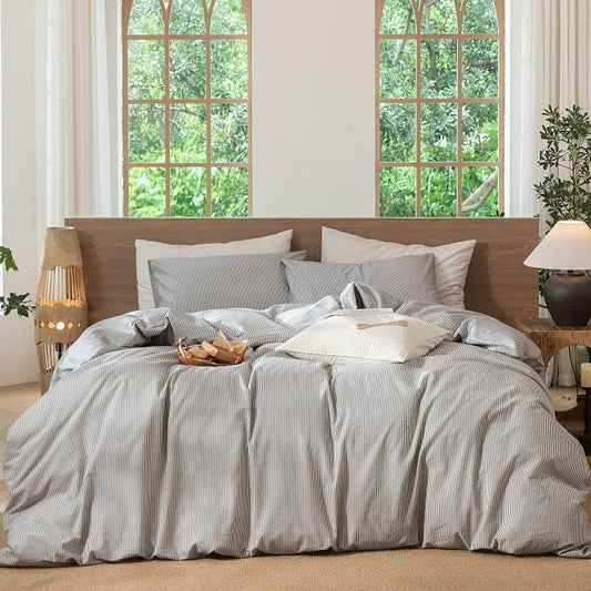 MooMee Striped Duvet Cover Set 100% Washed Cotton Linen Like Textured Breathable Durable Soft Comfy (Dark Grey White Pinstripes, Queen 90"x90")