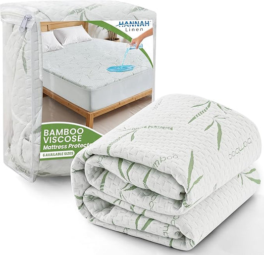 Hannah Linen Viscose derived from Bamboo Cooling Mattress Protector, 100% Waterproof - Soft and Breathable, 280 GSM Fitted Style Mattress Cover, 16 Inches Deep Pocket - King, 80x78