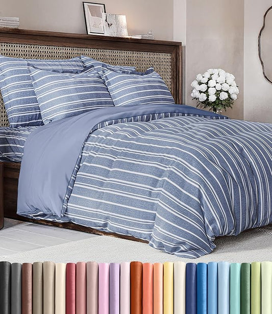 Duvet Cover Cal King Size Set - Extra Soft Cal King Duvet Cover 104" x 98" with 2 Pillow Shams - Hotel Luxury, Easy Care & Fade Free w/ Zipper Closures & Ties - Comfy, Cozy & Breathable (Blue Stripes)