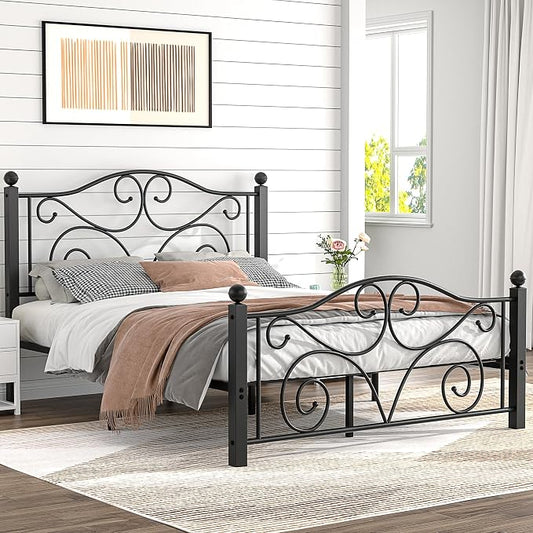 VECELO Full Size Bed Frame with Headboard and Footboard, Heavy Duty Metal Slat Support, Platform Mattress Foundation, No Box Spring Needed, Easy Assembly, Dark Black