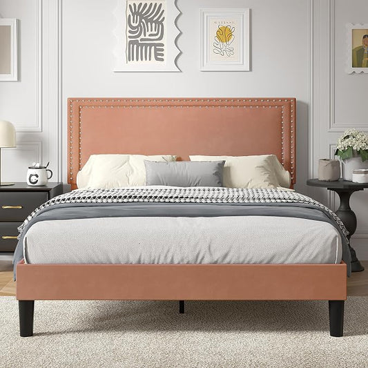 VECELO Queen Size Platform Bed Frame with Height Adjustable Upholstered Headboard, Modern Mattress Foundation,Strong Wood Slat Support, No Box Spring Needed, Easy Assembly,Brown