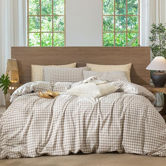 MooMee Gingham Duvet Cover Set 100% Washed Cotton Linen Like Textured Breathable Durable Soft Comfy Modern Checkered Design (Tannish Linen Grey Gingham, Super King 108"x98")