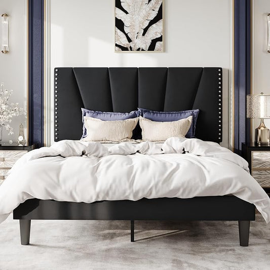 SHA CERLIN Queen Size Bed Frame with Adjustable Upholstered Velvet Rivets Headboard, Sturdy Wooden Slats, Strong Platform Support for Mattress, No Box Spring Needed, Easy Assembly, Black
