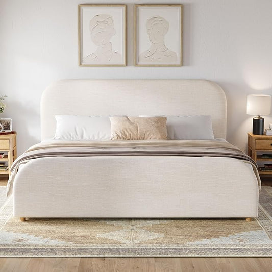 Christopher Knight Home Lanet Linen Upholstered King Size Bed Frame with Headboard, Modern King Bed Frame and Headboard, Wooden Slats Support, Easy Assembly, No Box Spring Needed, Beige