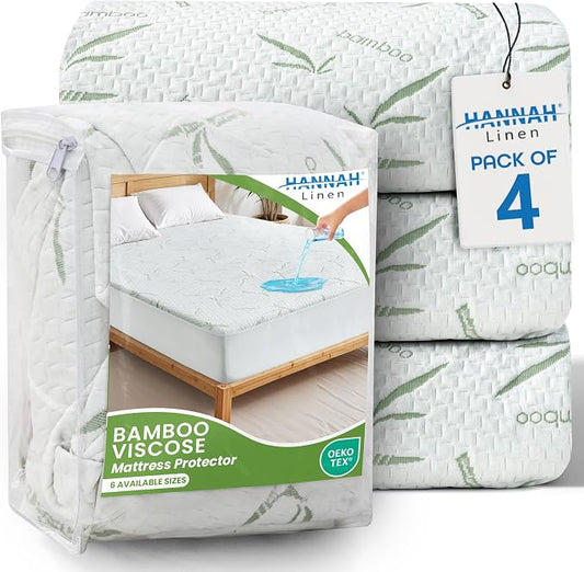 Hannah Linen Viscose derived from Bamboo Cooling Mattress Protector, 100% Waterproof - Soft and Breathable, 280 GSM Fitted Style Mattress Cover, 16 Inches Deep Pocket - Full, 75x54 - (4 Pack)