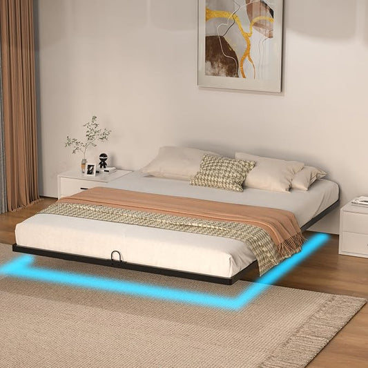 Floating Bed Frame with Smart LED Lights Metal Platform Bed Easy Assembly No Box Spring Needed (Queen)