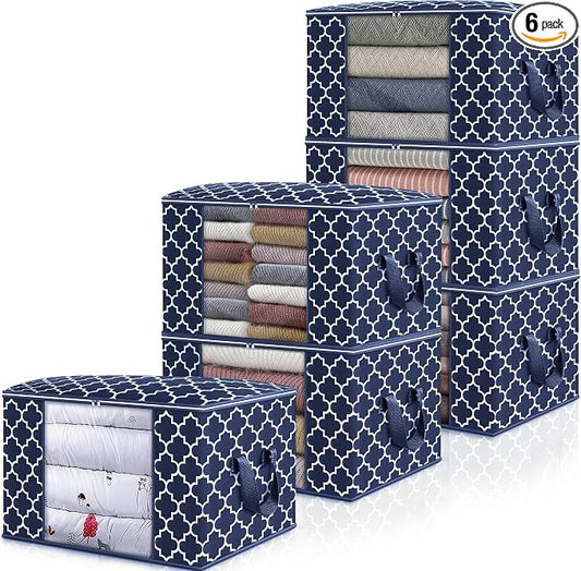 WISELIFE Storage Bags, Large Blanket Clothes Organization and Storage Containers for Bedding, Comforters, Foldable Organizer with Reinforced Handle, Clear Window,Sturdy Zippers,(Blue, 6 x 100L)