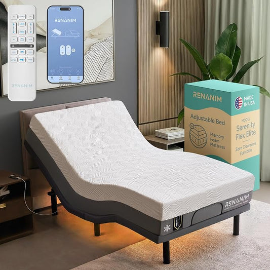 SFE Twin XL Adjustable Bed Frame and Mattress - 10" Gel Memory Foam - Zero Clearance, Electric Massage - Wireless Remote for Head & Foot Lift, Zero Gravity Frame, Underbed Lights & 4 USB Ports