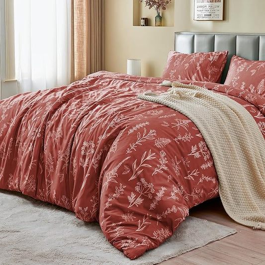 MUXHOMO Duvet Cover King Size, Reversible Floral Terracotta Duvet Cover Set with Zipper Closure, 3 Pieces Botanical Patterns Soft Microfiber Bedding Set (90"x104", 2 Pillow Cases 20"×36")