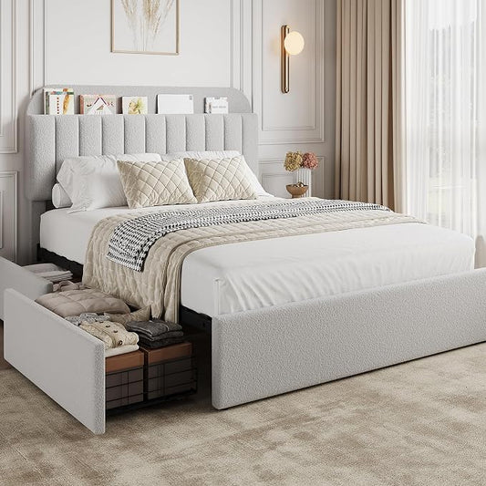 GarveeHome Queen Bed Frame with Storage Headboard, Girls Bed Frame with 2 Drawers, Boucle Upholstered Platform Bed with Bookcase, No Box Spring Needed, Easy Assembly, Grey
