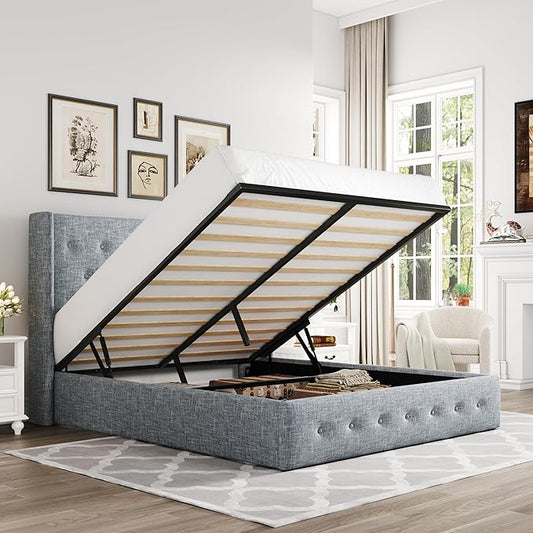 Allewie Full Size Lift Up Storage Bed, Button Tufted Headboard with Wingback, Hydraulic Support, No Box Spring Needed, Grey Blue