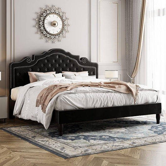 Allewie King Bed Frame with Adjustable Velvet Tiara Headboard, Upholstered Diamond Button Tufted Platform Bed, Wood Slats Support, No Box Spring Needed, Mattress Foundation, Easy Assembly, Black