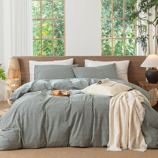 MooMee Gingham Duvet Cover Set 100% Washed Cotton Linen Like Textured Breathable Durable Soft Comfy Modern Checkered Design (Mini Gingham Forest Green, Cal King 104"x98")