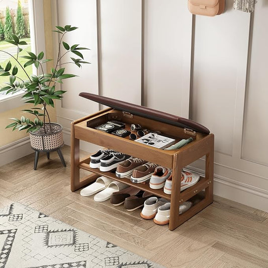 Shoe Rack Bench with Hidden Storage, 2-Tier Solid Rubberwood Entryway Bench with Soft Leather Cushioned Seat & Flip-Top Storage, 330lbs Capacity, Wooden Shoe Organizer for Hallway, Closet, Foyer