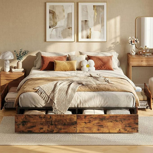 LIKIMIO King Bed Frame with Storage, 4 Drawers and Heavy Strong Metal Support Frames, Solid Stable, No Box Spring Needed, Noise-Free, Easy Assembly, Industrial Brown