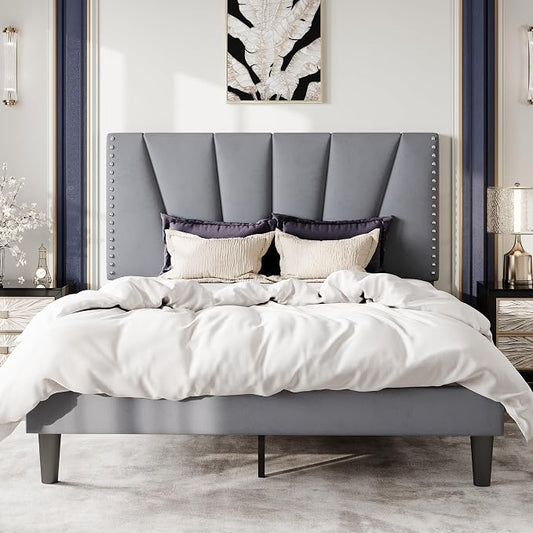 SHA CERLIN Full Size Bed Frame with Adjustable Upholstered Velvet Rivets Headboard, Sturdy Wooden Slats, Strong Platform Support for Mattress, No Box Spring Needed, Easy Assembly, Grey