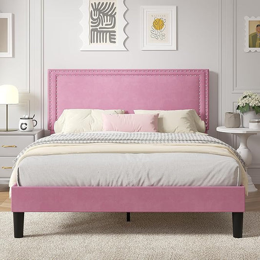 VECELO Queen Size Platform Bed Frame with Height Adjustable Upholstered Headboard, Modern Mattress Foundation,Strong Wood Slat Support, No Box Spring Needed, Easy Assembly,Pink