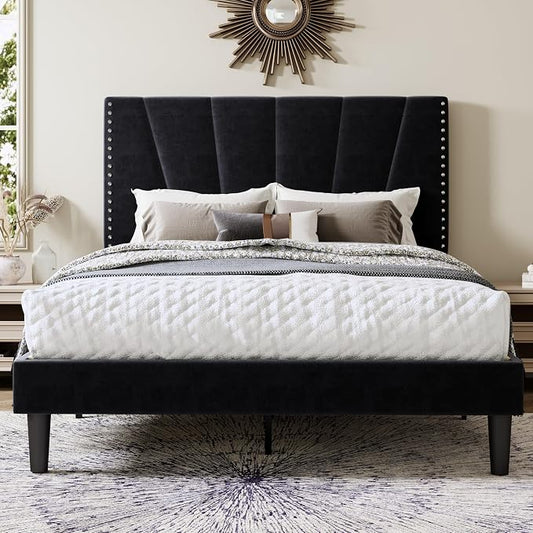 Allewie Queen Size Bed Frame with Adjustable Velvet Upholstered Headboard, Rivet-Style Nailhead Trim Detail Platform Bed Frame, Wooden Slat Support, No Box Spring Needed, Easy Assembly, Black