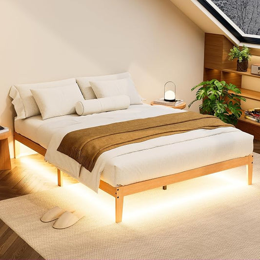 Tyndall Queen Size Bed Frame with LED Lights, 12 Inch Solid Wood Platform Bed Frame with Under Bed Storage, Wooden Slats Support, Natural Finish, No Box Spring Needed, Noise Free, Easy Assembly