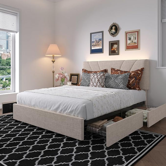 Novilla Queen Bed Frame with Drawers, Queen Bed Frame with Headboard, LED Bed Frame Queen Size, Charging Station and Adjustable Headboard Bed Frame Queen Size, No Box Spring Needed, Beige
