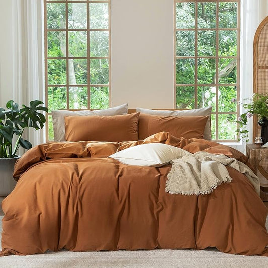 MooMee Bedding Duvet Cover Set 100% Washed Cotton Linen Like Textured Breathable Durable Soft Comfy (Solid Dark Orange, Twin 68"x90")