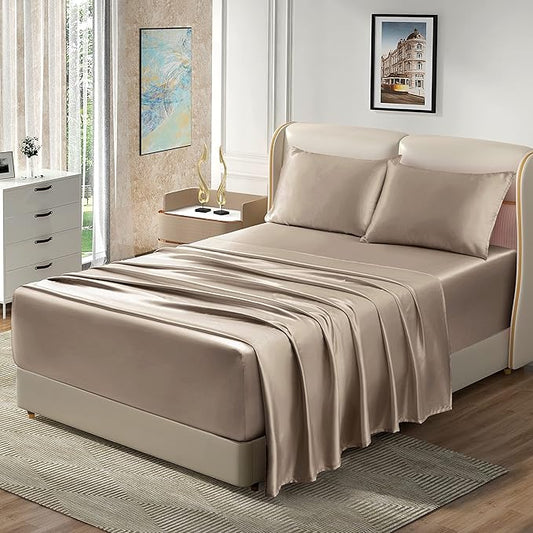 Homiest 4pcs Extra Deep Pocket Satin Sheets King Size Bed Set, 18-24 Inch Deep Pocket Taupe Sheet Set, Silky Luxury Bedding Fitted Sheet Fits Ultra Deep Mattress