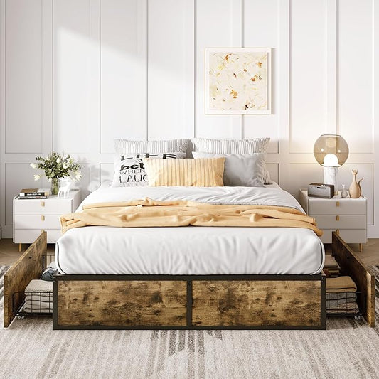 SHA CERLIN Queen Platform Bed Frame with 2 Large Storage Drawers, Rustic Wood and Metal, Noise-Free, Easy Assembly, No Box Spring Needed, Brown